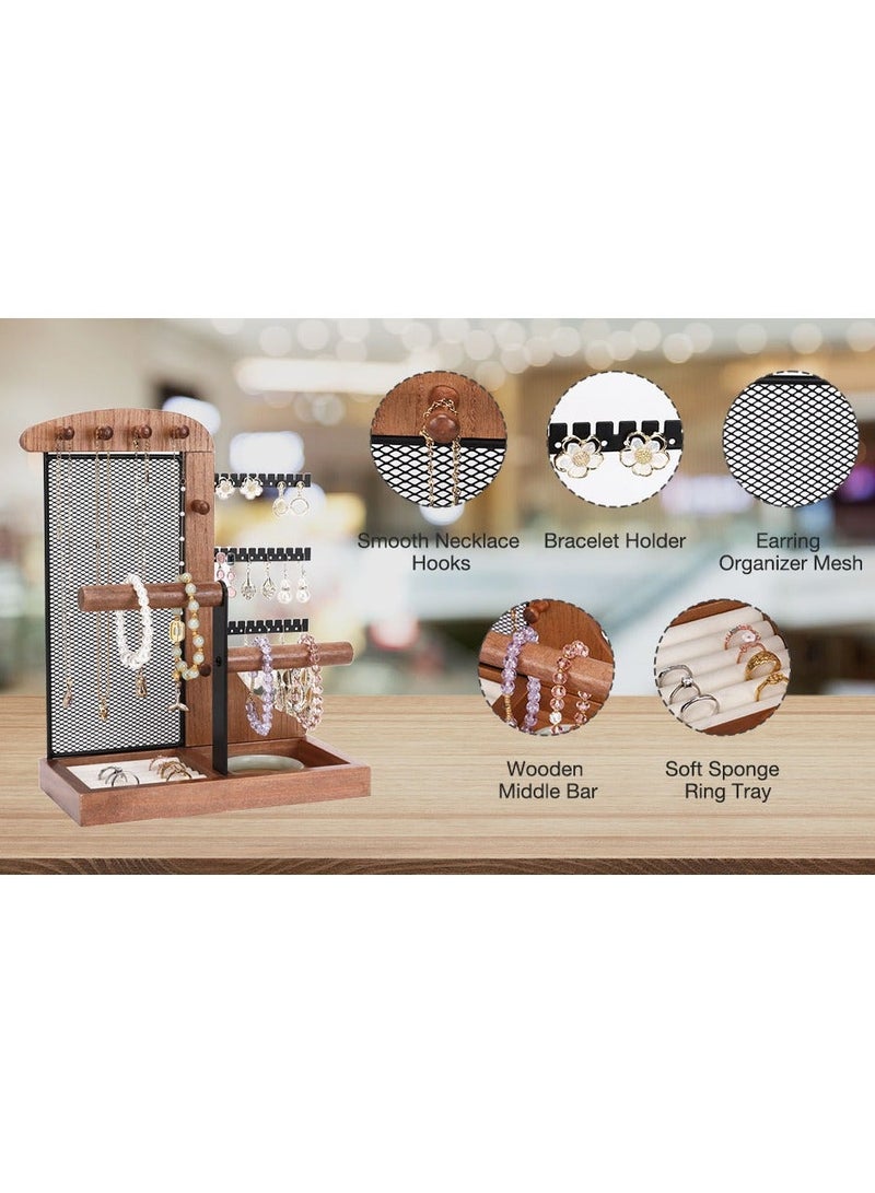 حامل منظم للمجوهرات مع صينية خاتم مخملية وإطار معدني قوي للقلادة والأقراط والأساور وعرض العطور ورف تخزين برج المجوهرات على شكل شجرة وصينية خشبية قابلة للإزالة للنساء - Image 4